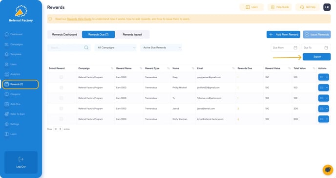Screenshot showing that Referral Factory allows export reward users from your referral program software