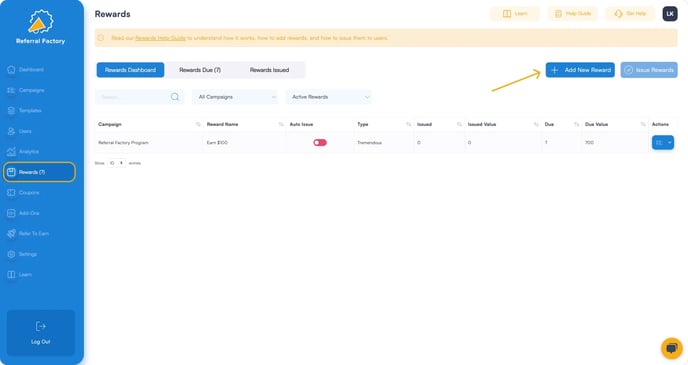 Screenshot showing that Referral Factory allows create a reward for your referral program software.
