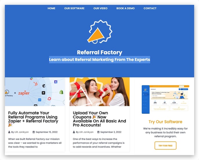 Screenshot showing that Referral Factory have great Blog for reading.