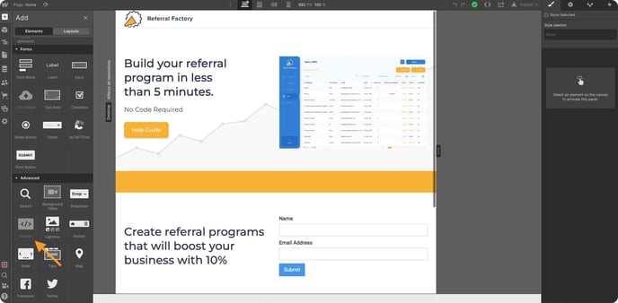 Screenshot showing that for using your referral program widget code should log in to your Webflow account.