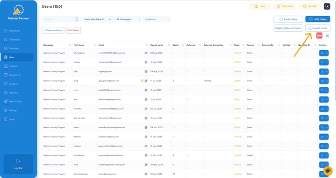 Screenshot showing that you can Export your referral program software users list.