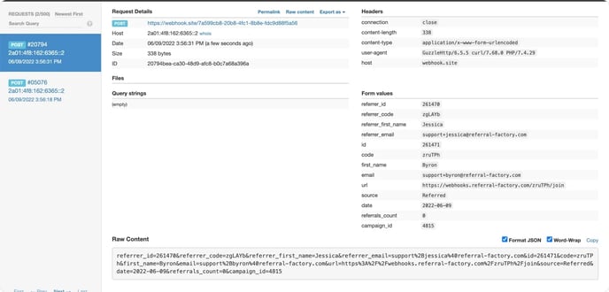 Screenshot showing an example of how the request body is formatted in the request when data is sent to your endpoint.