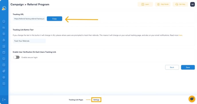 Screenshot showing how Copy the referral tracking link and share it with your referral program software users. 