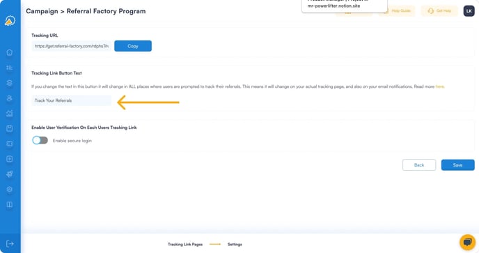 Screenshot showing where to change the tracking button text in your referral program software.