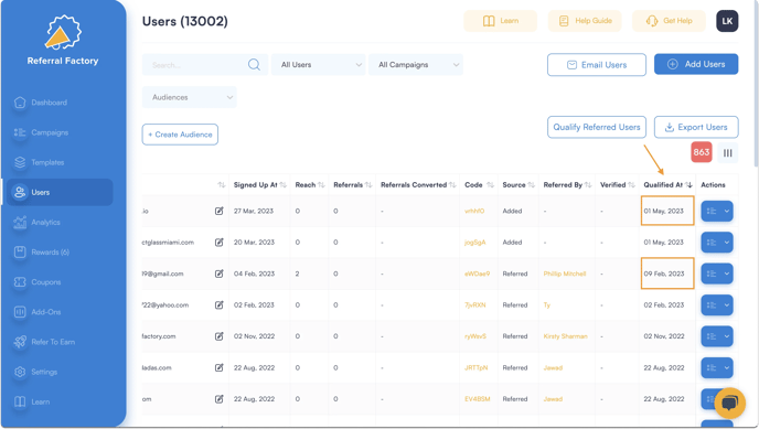 Screenshot showing how to find qualified users in Referral Factory.