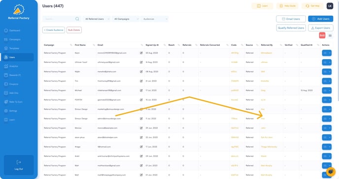 Screenshot showing how identify who referred someone to your referral program software.