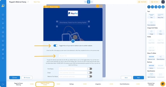 Screenshot how enable the redirect option using Referral Factory software.