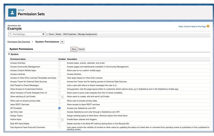 Screenshot showing how to use and  click save System Permissions. 