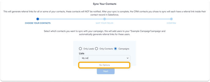 Screenshot of syncing your Salesforce contacts where there are no options in the dropdown select.
