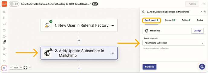 send-referral-links-from-referral-factory-back-zapier-choose-action-app-and-event-example-mailchimp