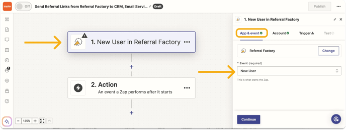 send-referral-links-from-referral-factory-back-zapier-zap-choose-trigger-event-new-user