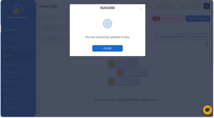 Screenshot showing that users successfully added to your referral program software.