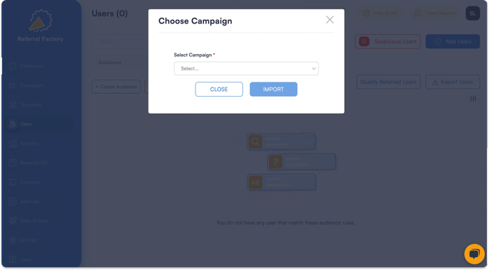 Screenshot showing that you are allowed to choose the Referral program software Campaign that you'd like to add your contacts to.