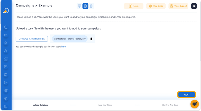 Screenshot showed that you can Browse and ADD CSV file to add users in your referral program software.