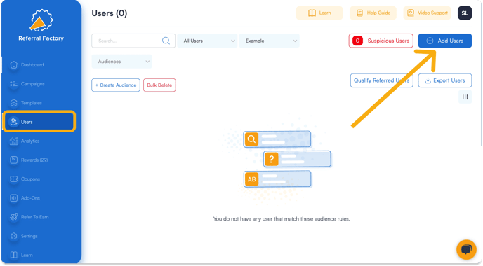 Screenshot showing how to add users to your referral program software.