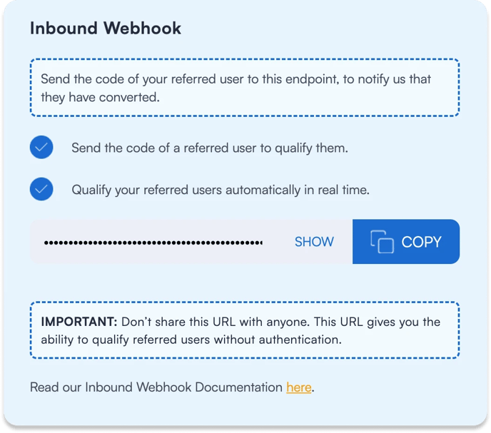 Screenshot showing that you can qualify your referral program software users using inbound webhook.