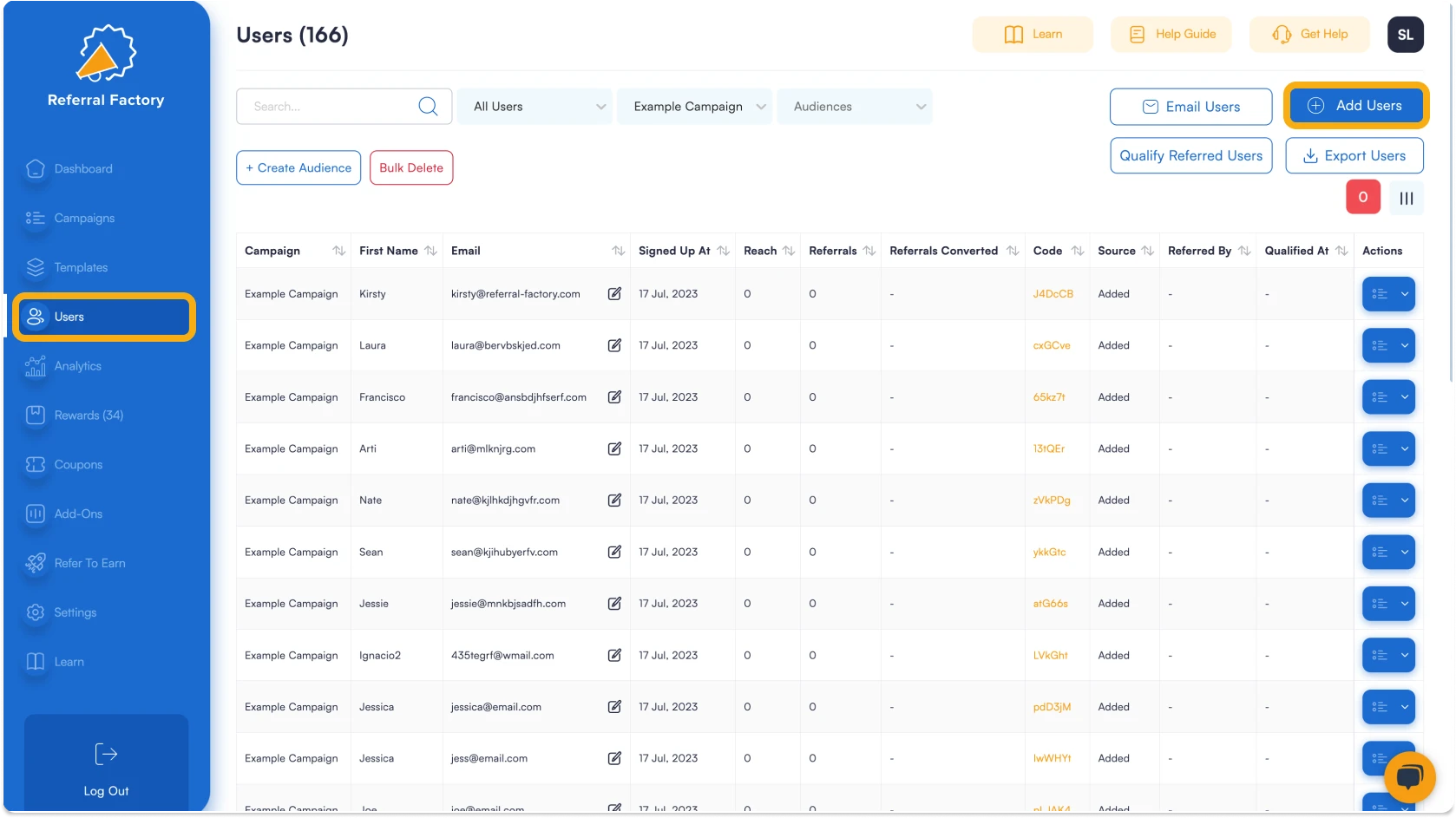 Screenshot showing that you can add users manually to your referral program software.