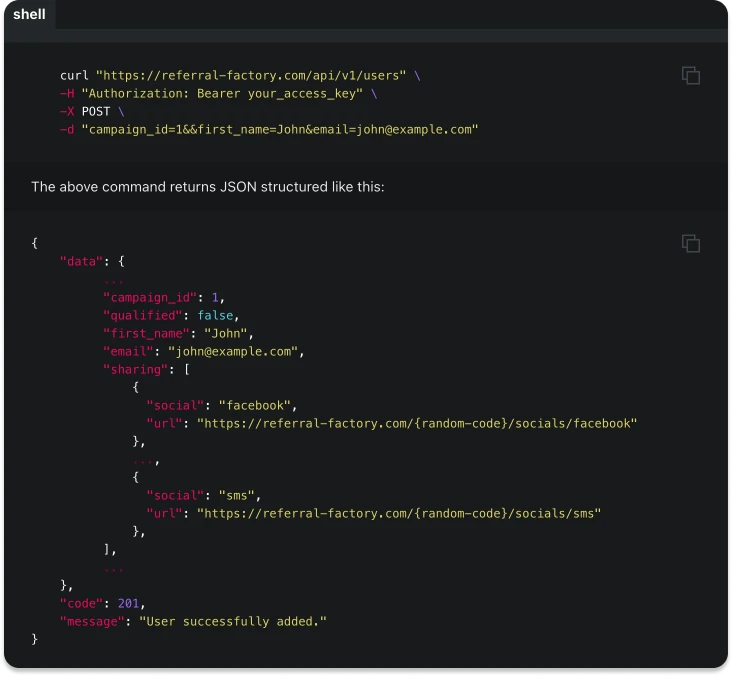Screenshot showing that you can Use the Referral Factory API to Add New Users.