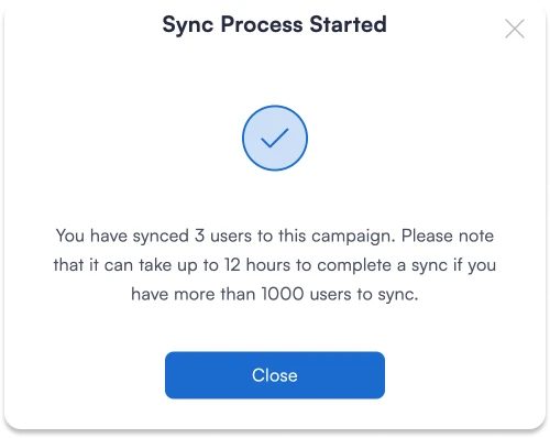 Screenshot showing that sync process started for your referral program.