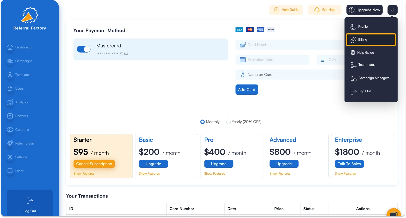 Screenshot of the Referral Factory billing page showing the option to upgrade your referral program software