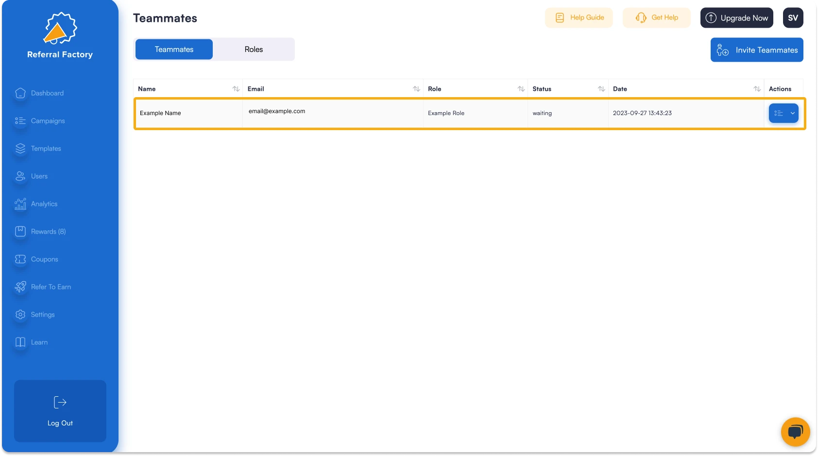 Screenshot of Referral Factory's referral program software dashboard showing how to invite teammates