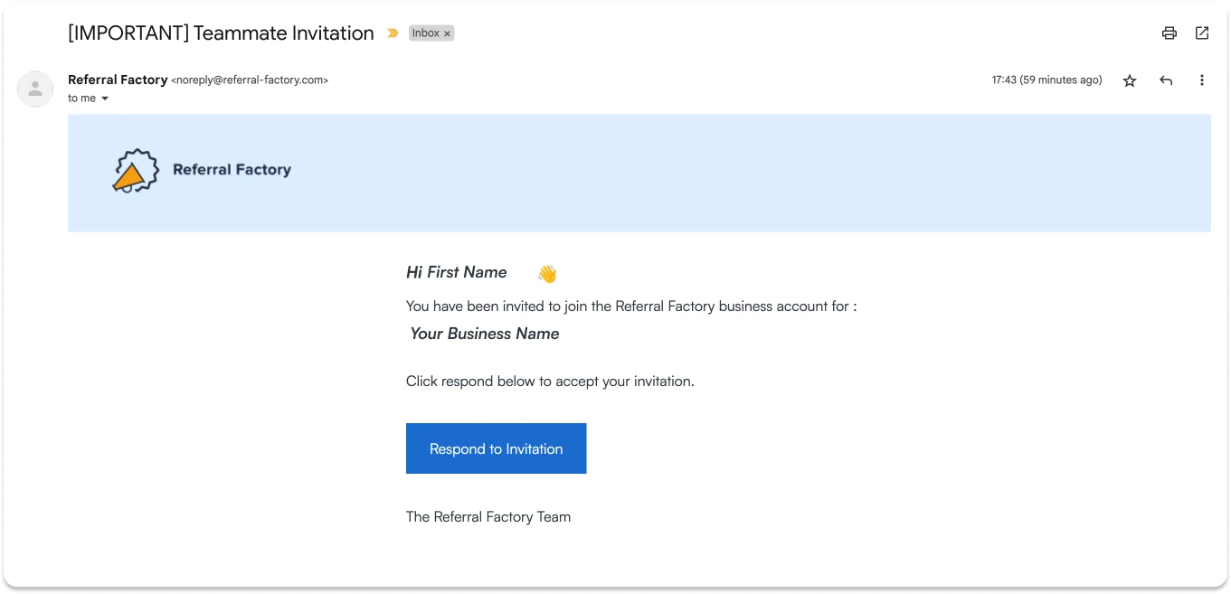 Screenshot of the email that teammates receive inviting them to use the referral program software
