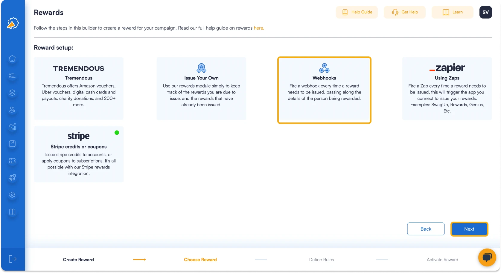 Screenshot showing that you can choose  a Webhook Reward in Referral Factory. 