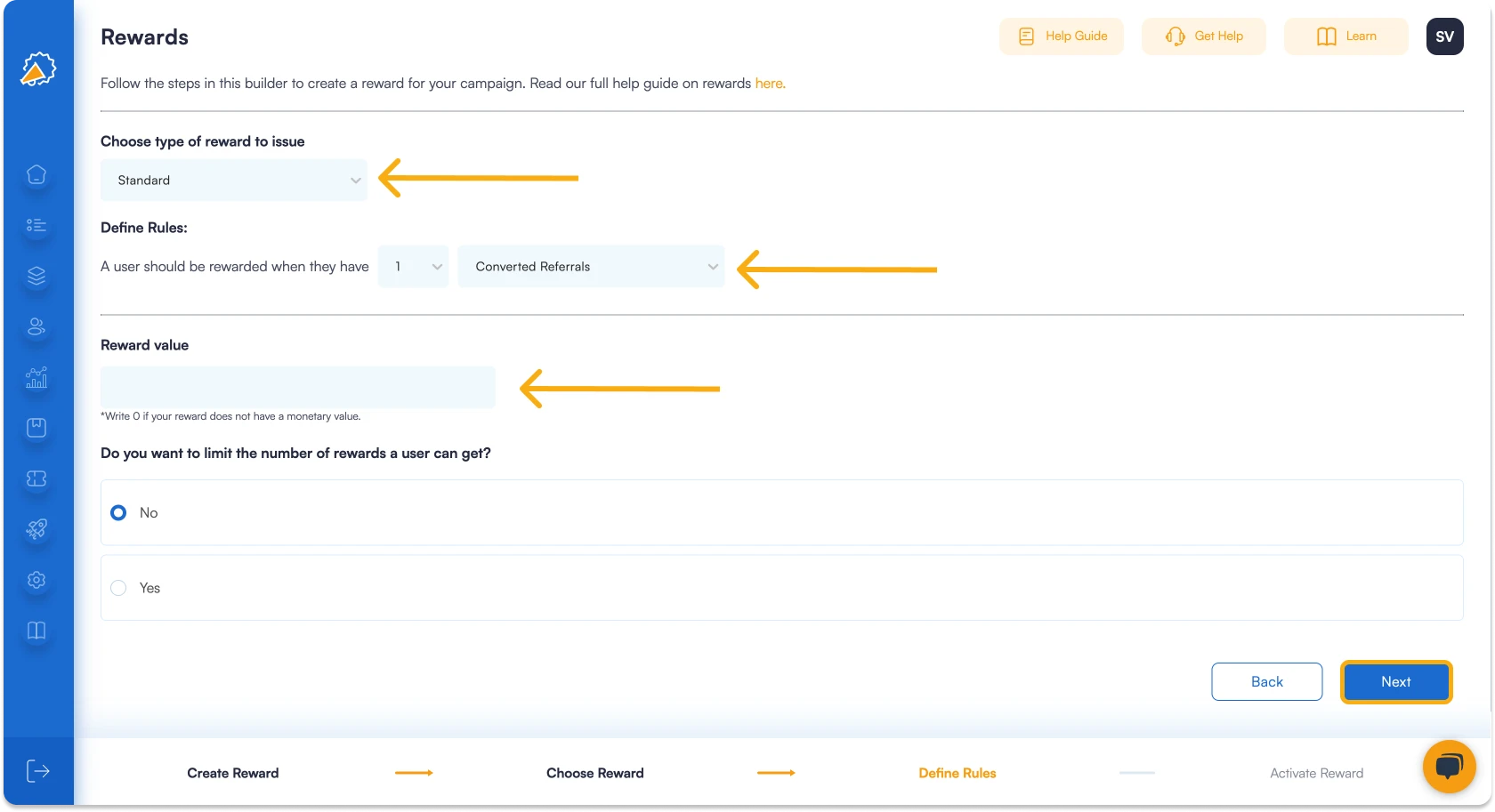 Screenshot showing steps for adding a Webhook Reward in Referral Factory. 