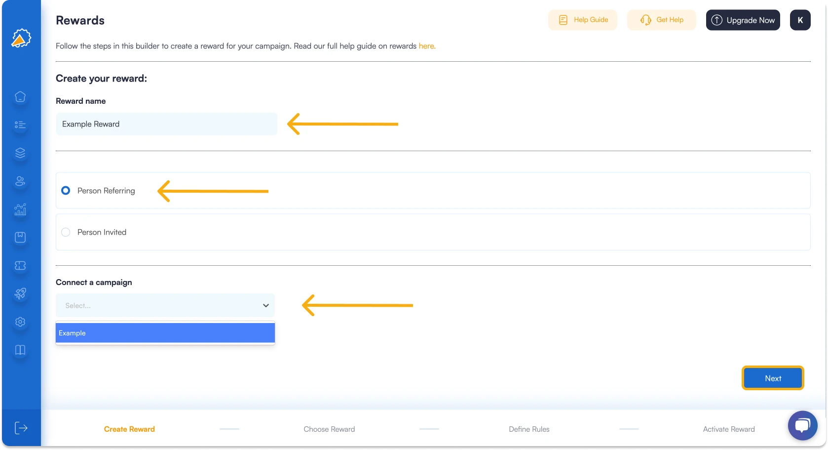Screenshot showing the steps for adding a Webhook Reward in Referral Factory. 