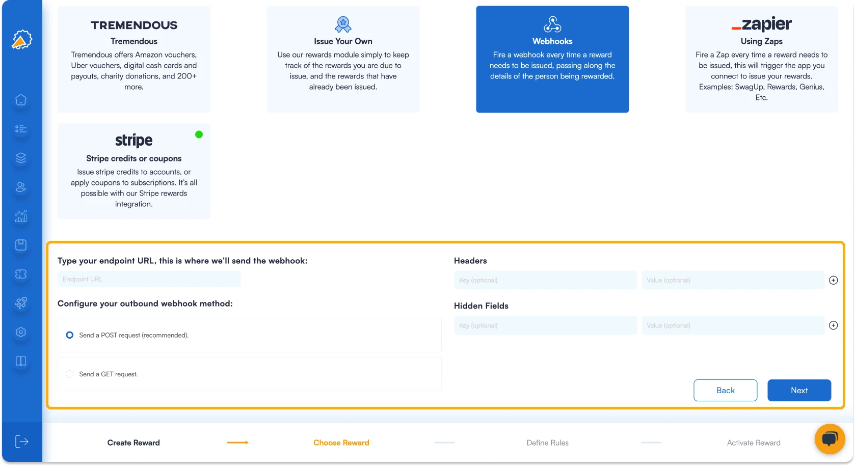Screenshot showing that you can configure your outbound webhook method for your referral program software.