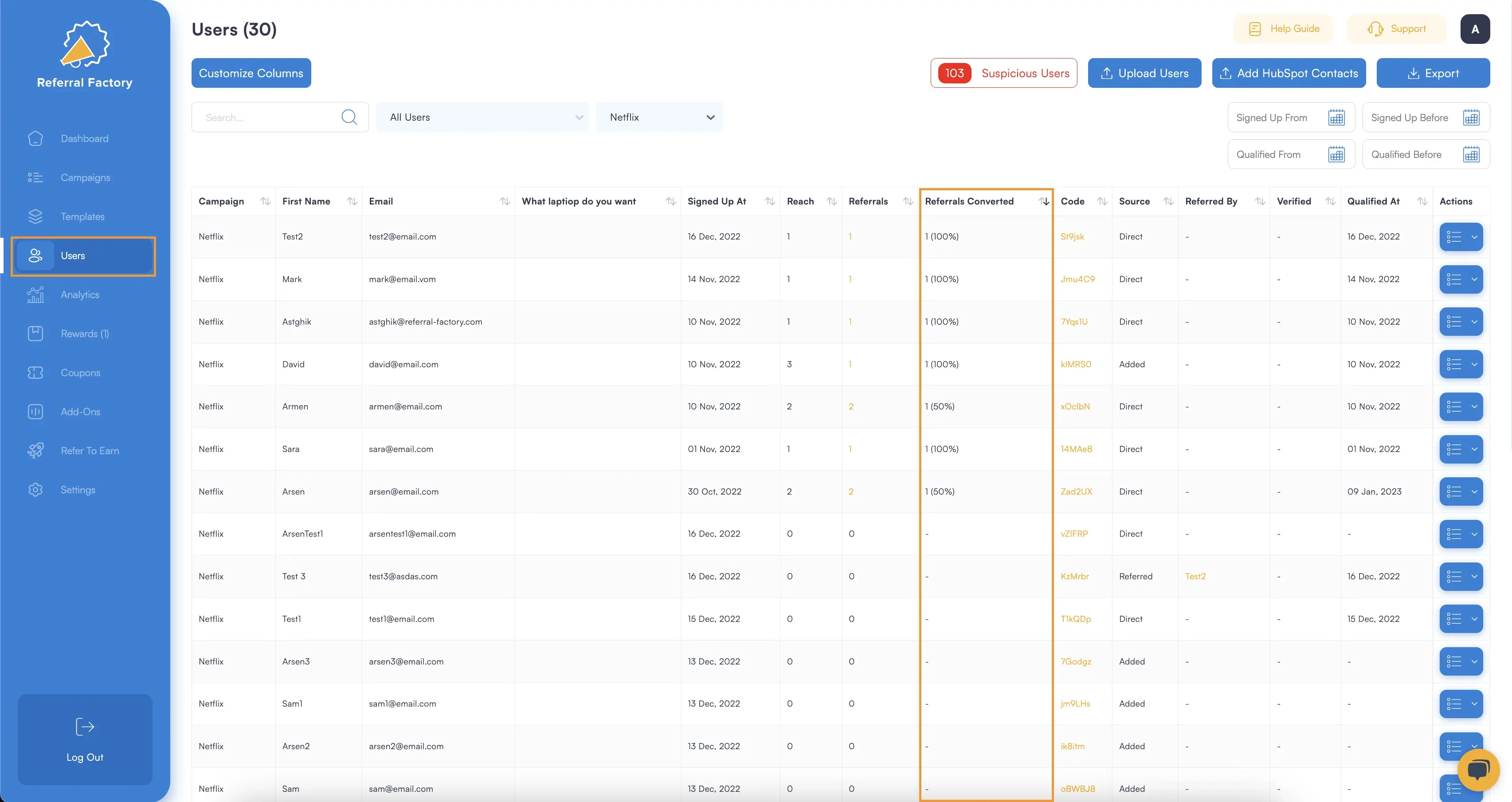 Screenshot of the User tab in Referral Factory's dashboard showing referrals converted. Being able to track conversion makes running a saas referral program a breeze