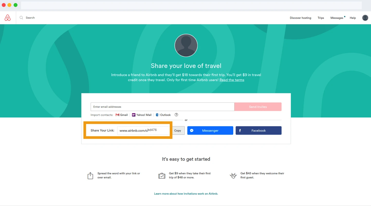 Airbnb's saas referral program showing a referral link inside the Airbnb dashboard