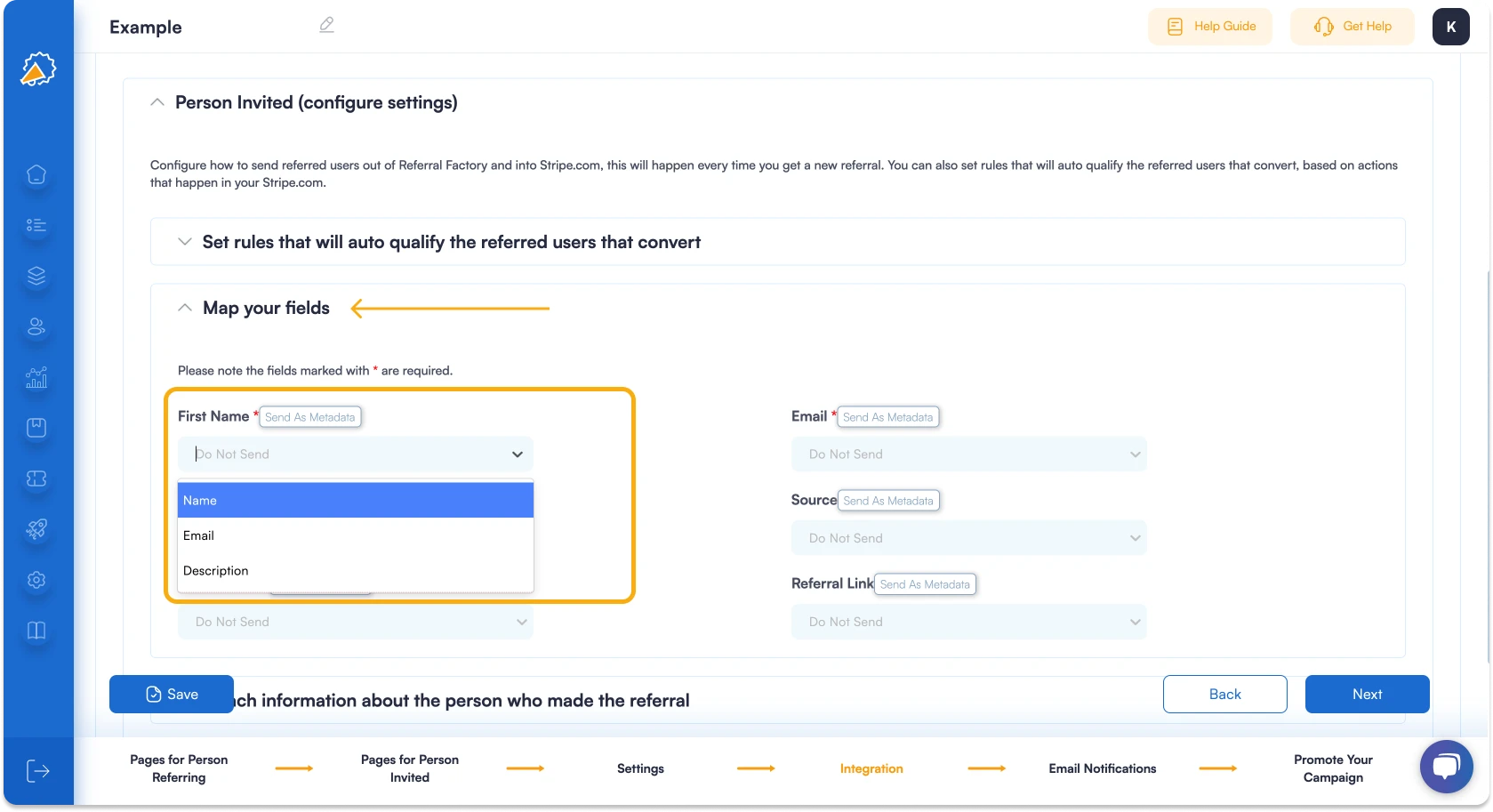 Screenshot showing that you can Map your fields. Use the drop-down options to match the relevant data between Referral Factory and Stripe.