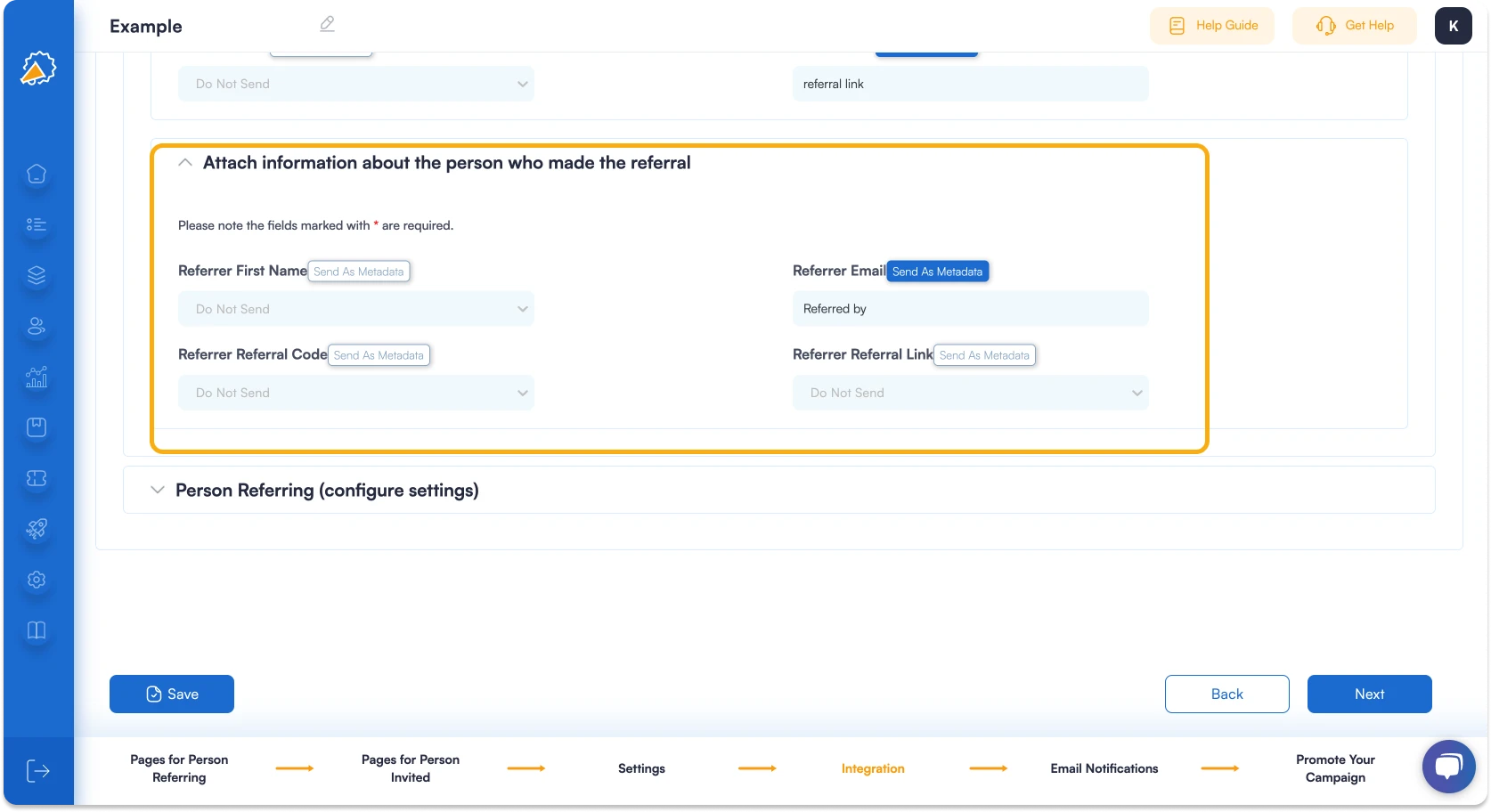 Screenshot showing how attach the information of the person who made the referral as metadata for your referral program software.