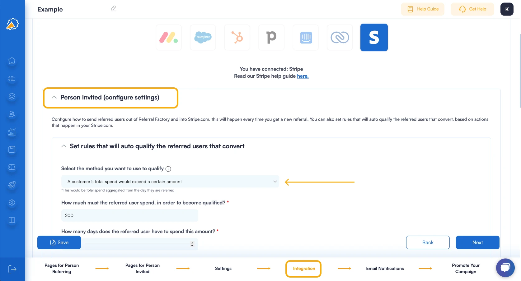 Screenshot showing that you can Automatically Qualify Successful or Converted referral program Referrals using Stripe.