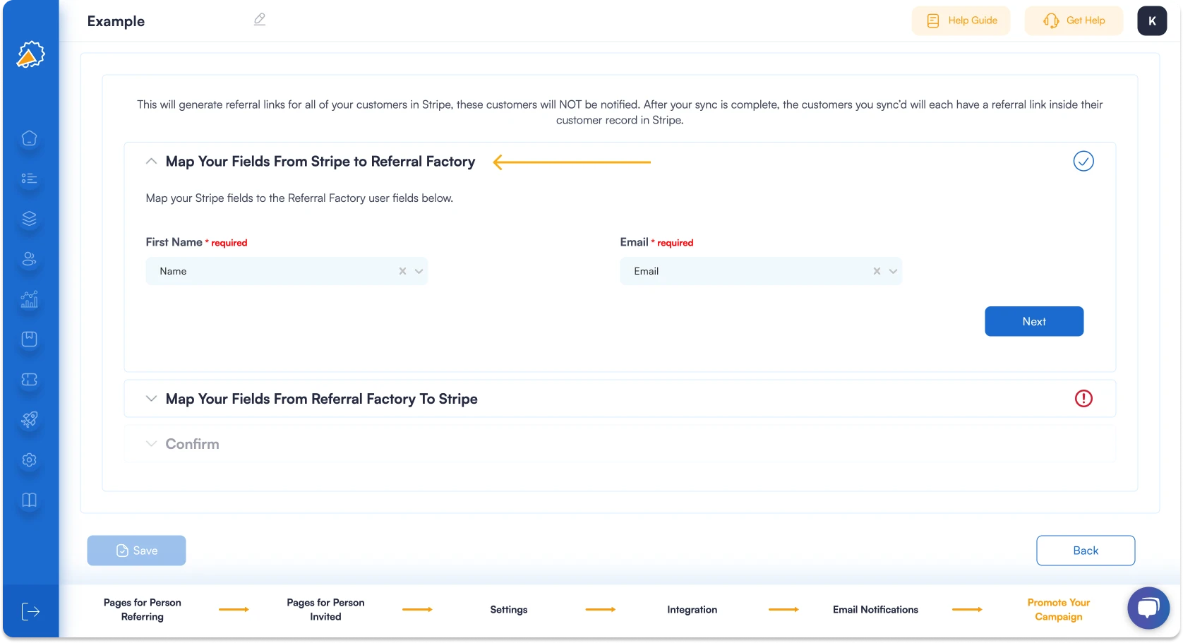 Screenshot showing that you can map your customer contact's details from Stripe to Referral Factory.