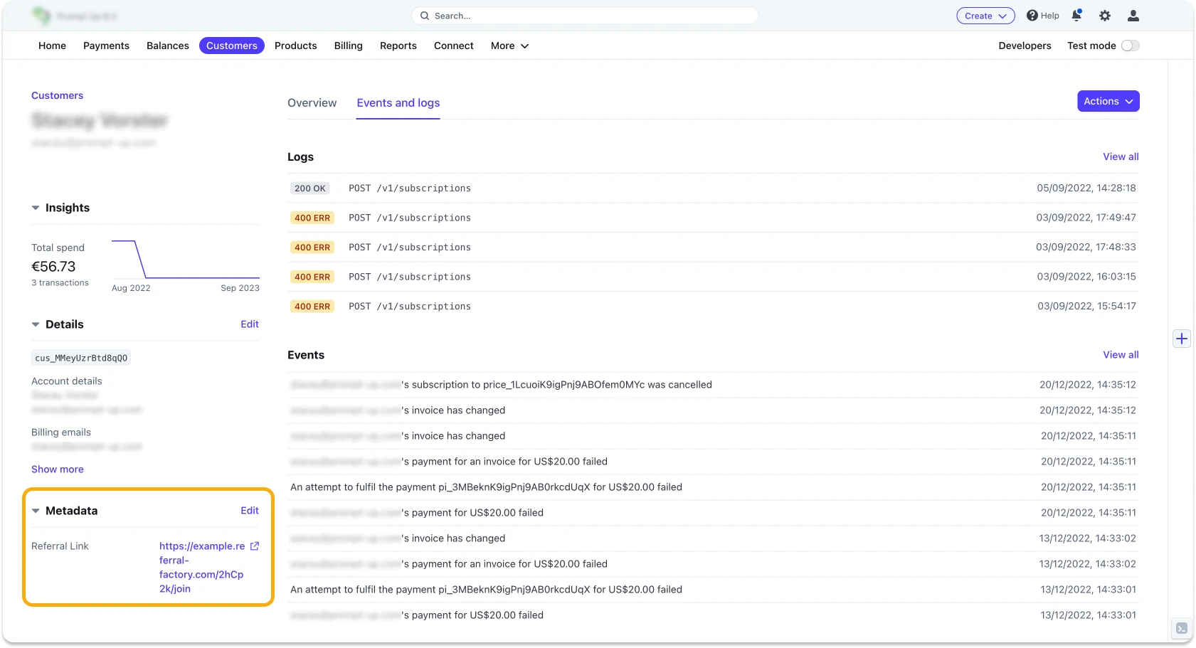 Screenshot showing how your referral program software referral link will look inside a customer's metadata in Stripe: