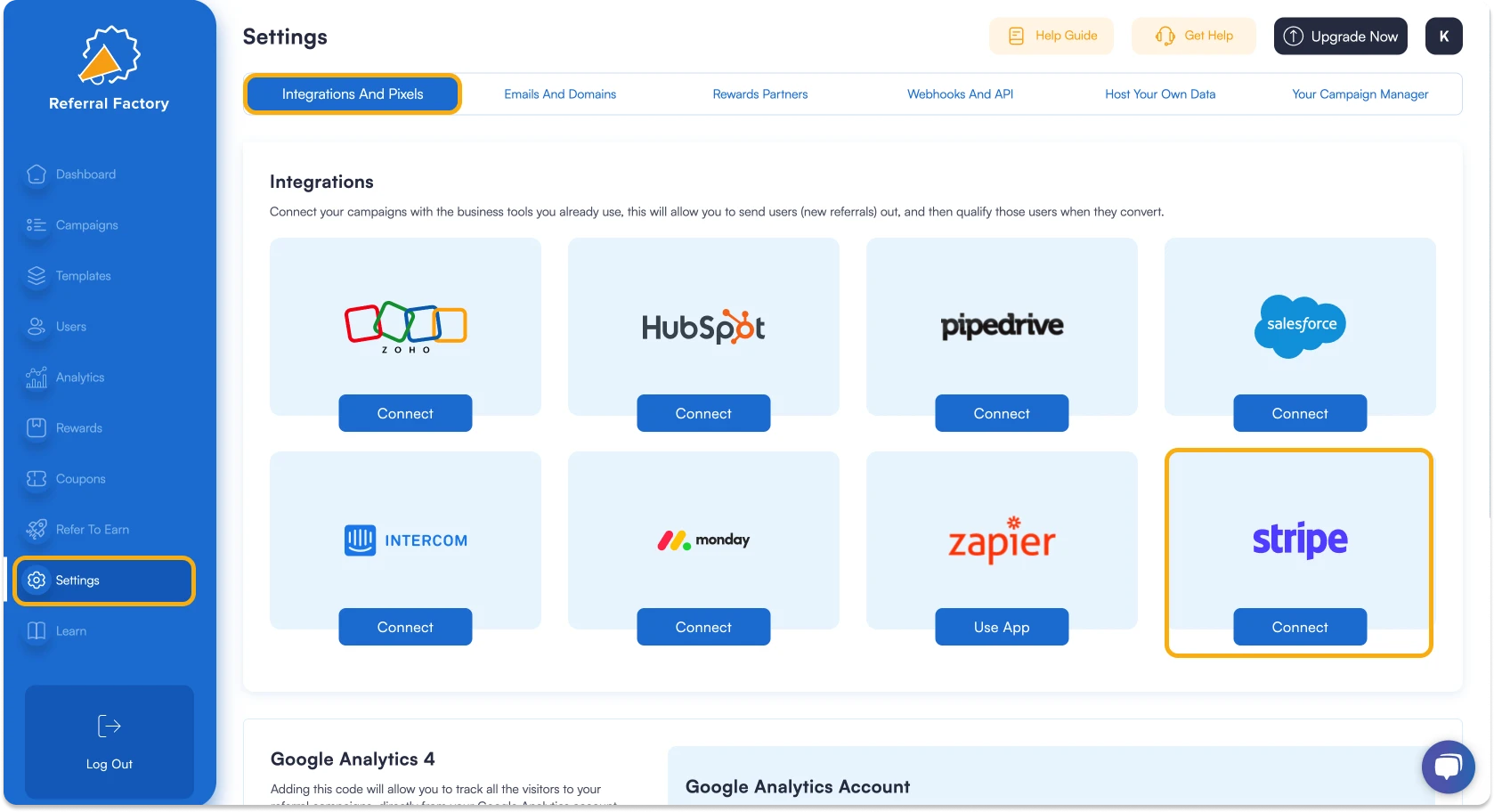 Screenshot showing how connect Stripe for your referral program software In Referral Factory.