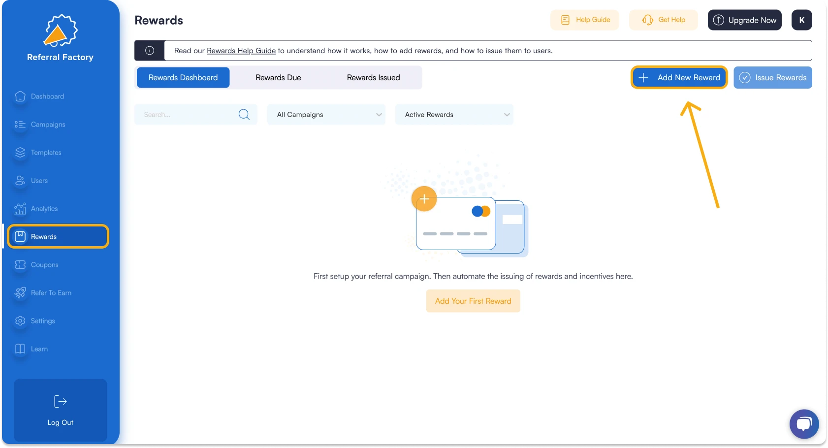 Screenshot showing how in Referral Factory create reward for your referral program software.