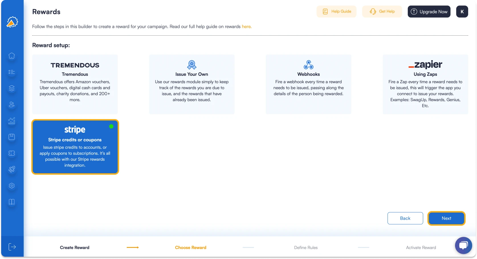 Screenshot showing how in Referral Factory create reward via Stripe for your referral program software.