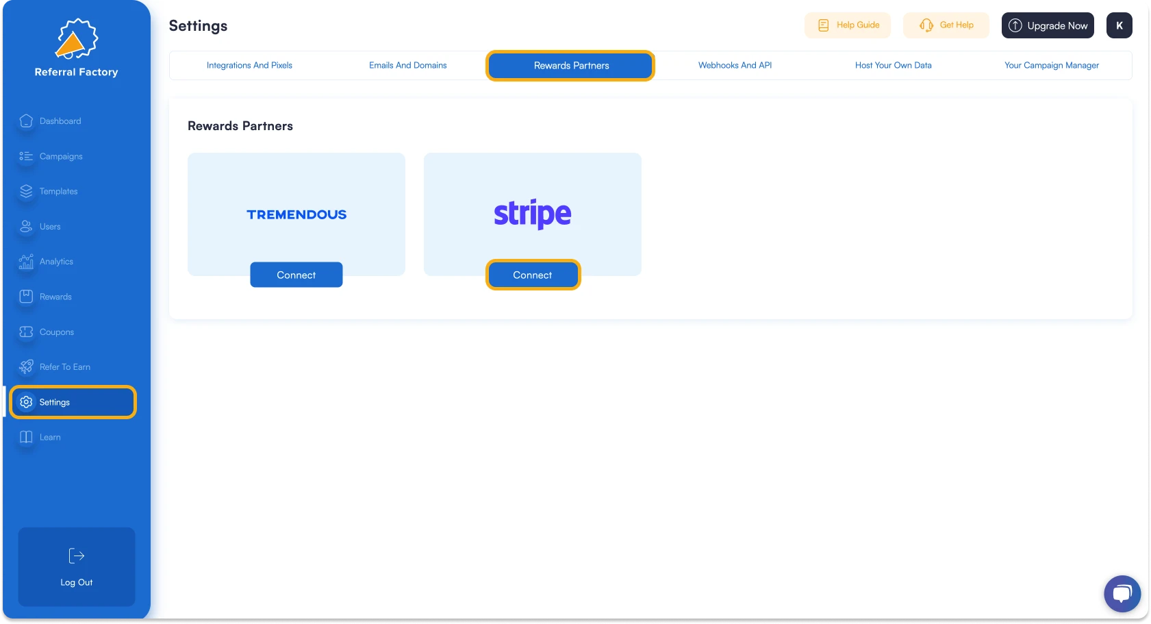 Screenshot showing how in Referral Factory connect Stripe to your referral program software.