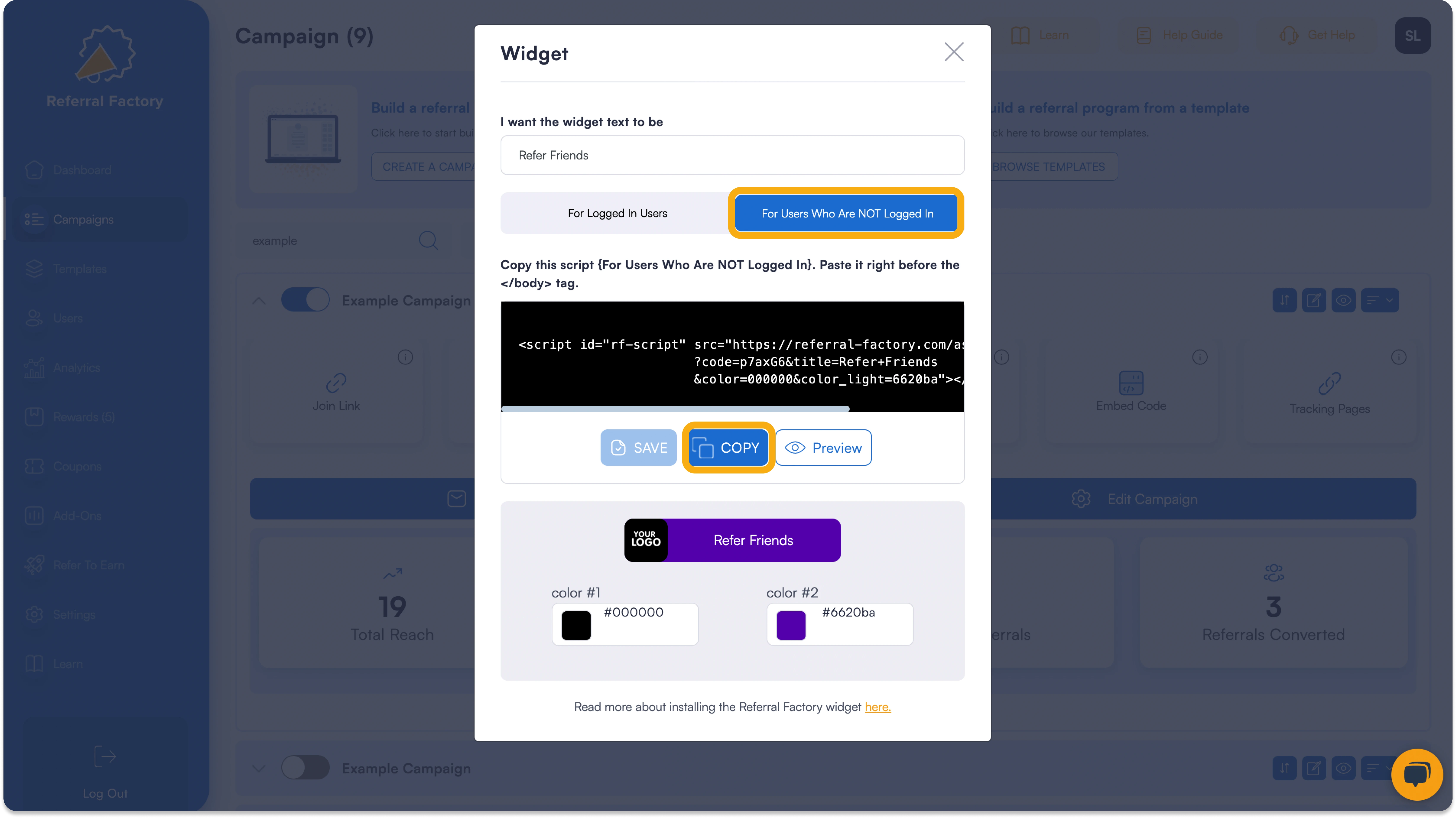 Screenshot showing how to create widget for your referral program software.